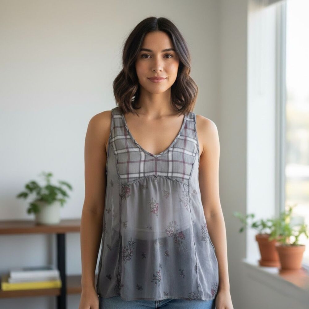 Converse One Star  Sheer Plaid Floral Tank Top Size M